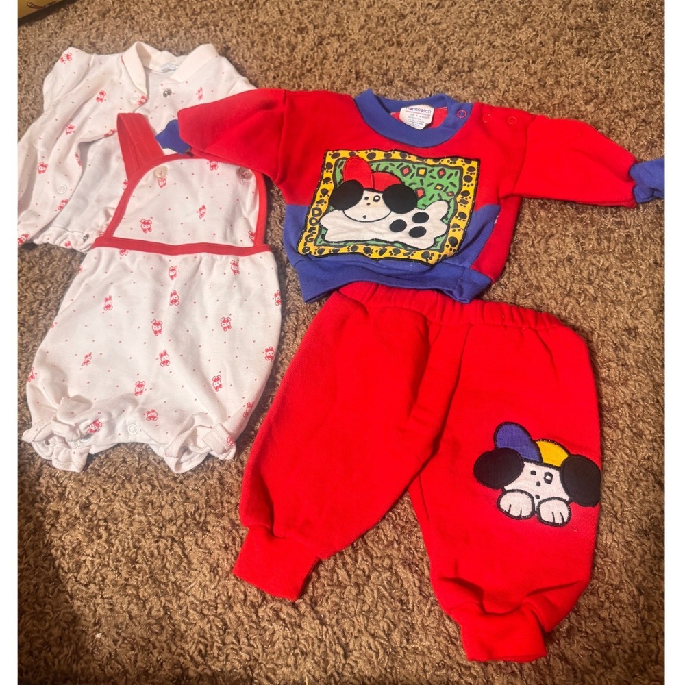 Vintage 80s Baby Lot Hopscotch Dog Sweatsuit Babyfair Bunny Romper 0-6 Months